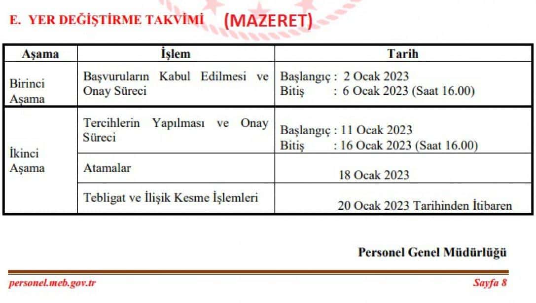 2023 Yarıyıl Tatili Öğretmenlerin Mazerete Bağlı Yer Değiştirme İşlemine İlişkin Duyuru