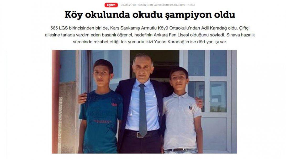 Liseye Geçiş Sınavında göstermiş olduğu üstün başarı ile Türkiye Birincisi olan Armutlu Ortaokulu öğrencimiz Adil Karadağ 